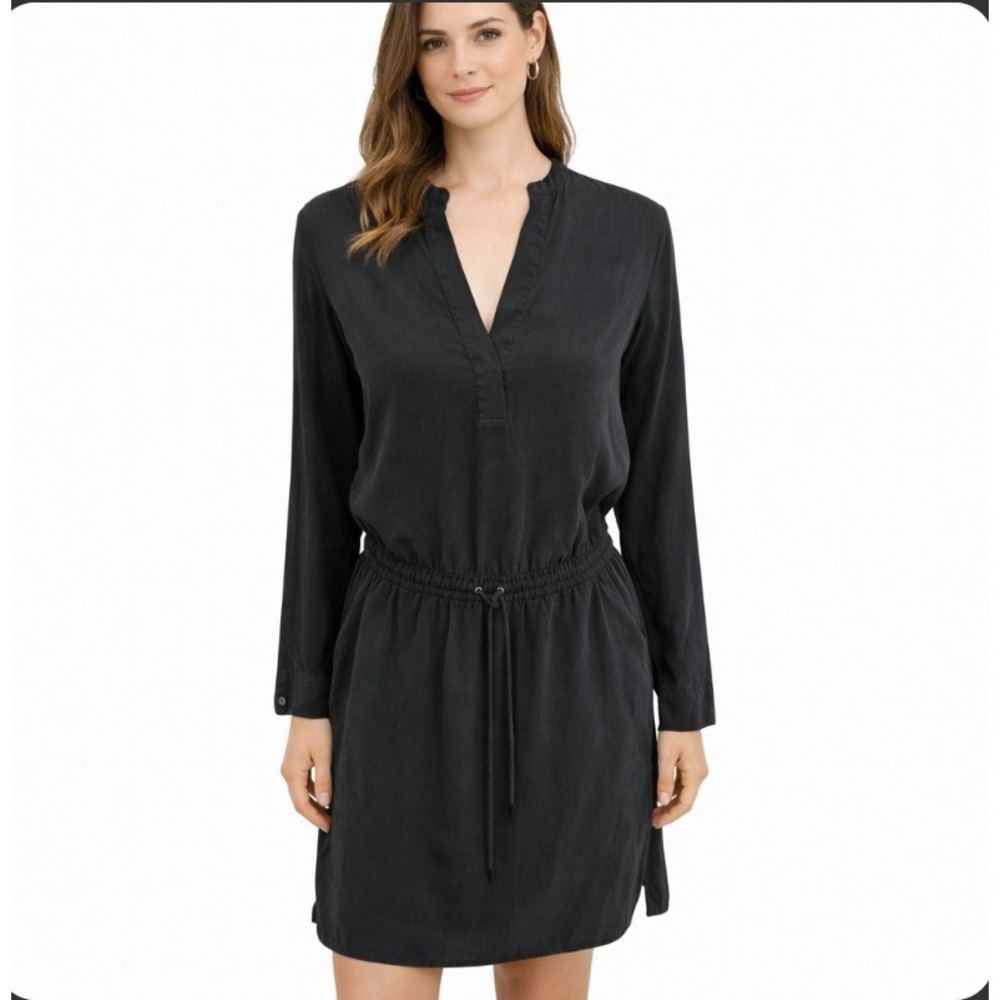 Vince Silk Long Sleeve Mini Dress Women Size 2 Black Drawstring Waist V-Neck